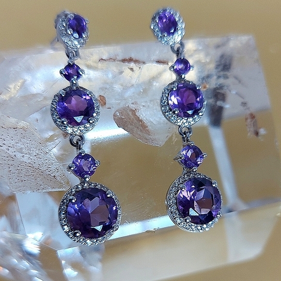 Natural Amethyst 8mm & Cz 925 Sterling Silver Jewelry Earrings - Picture 1 of 6